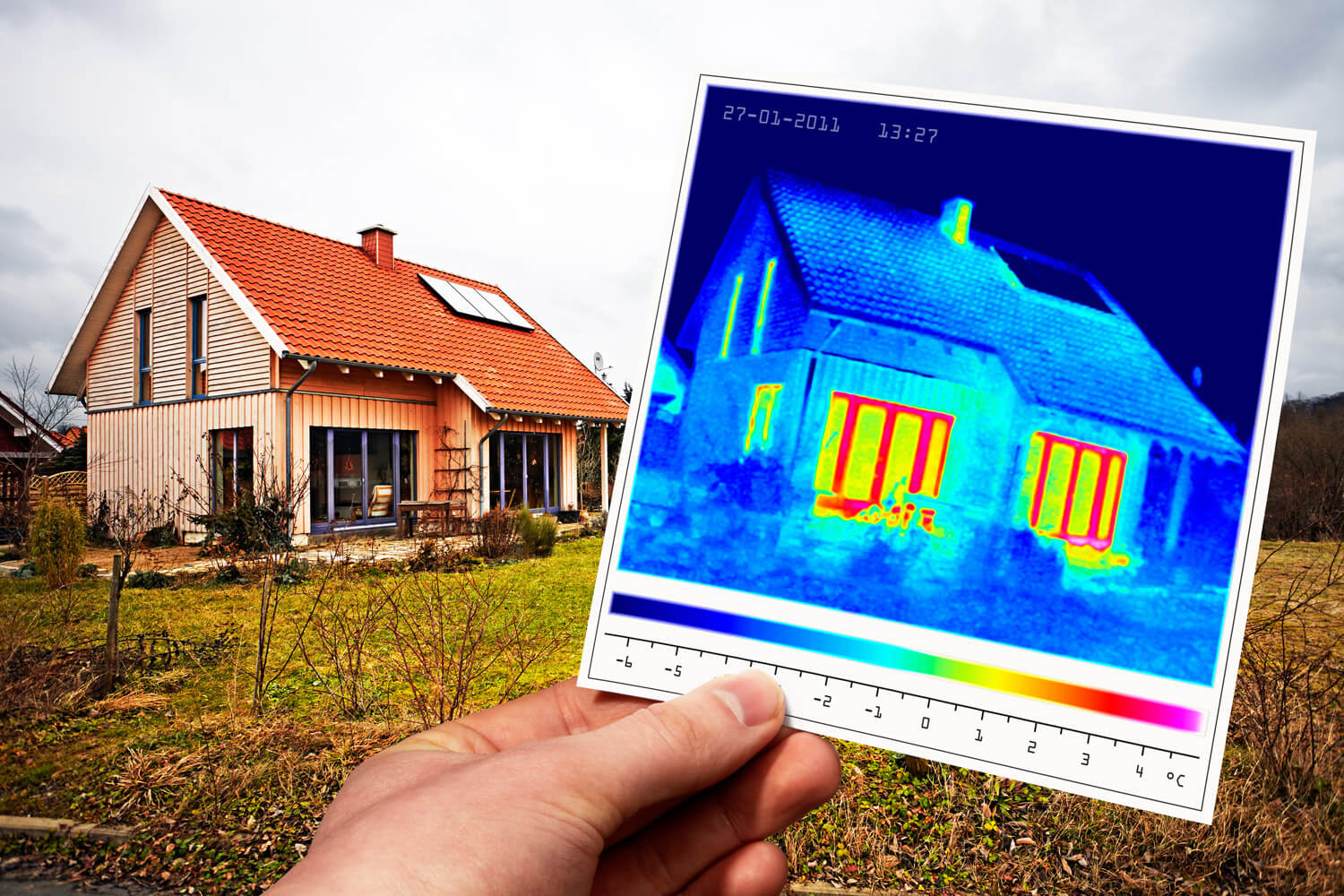 Hand mit Thermographiebild vor einem Haus